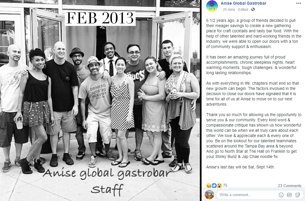 Anise Global Gastrobar closing down Facebook post
